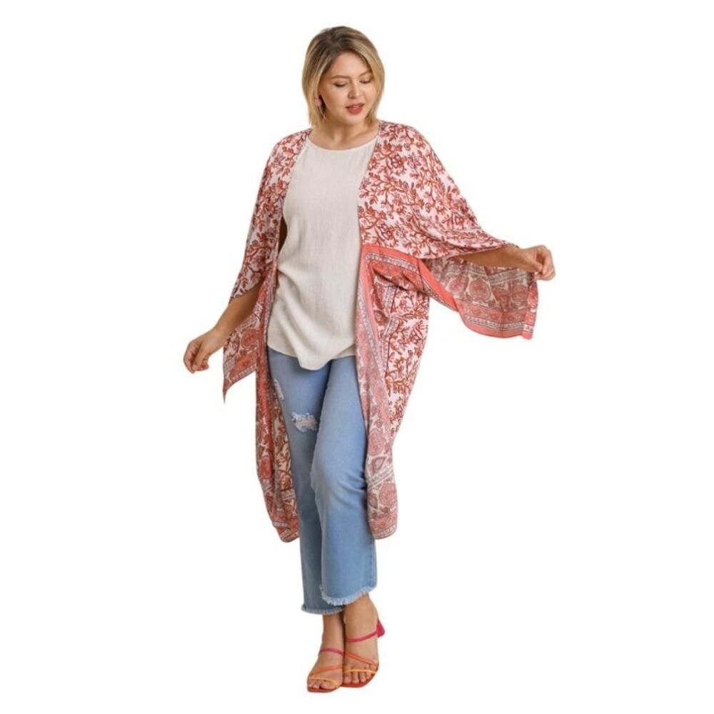 Umgee Red/Cream Boho Floral Wing Sleeve Kimono / Beach Cover Up Plus Size XL/1XL